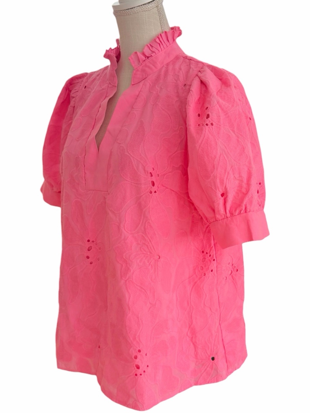 Entro Hot Pink Floral Eyelet Ruffle Neck Puff Sleeve Blouse Size M - Picture 6 of 13